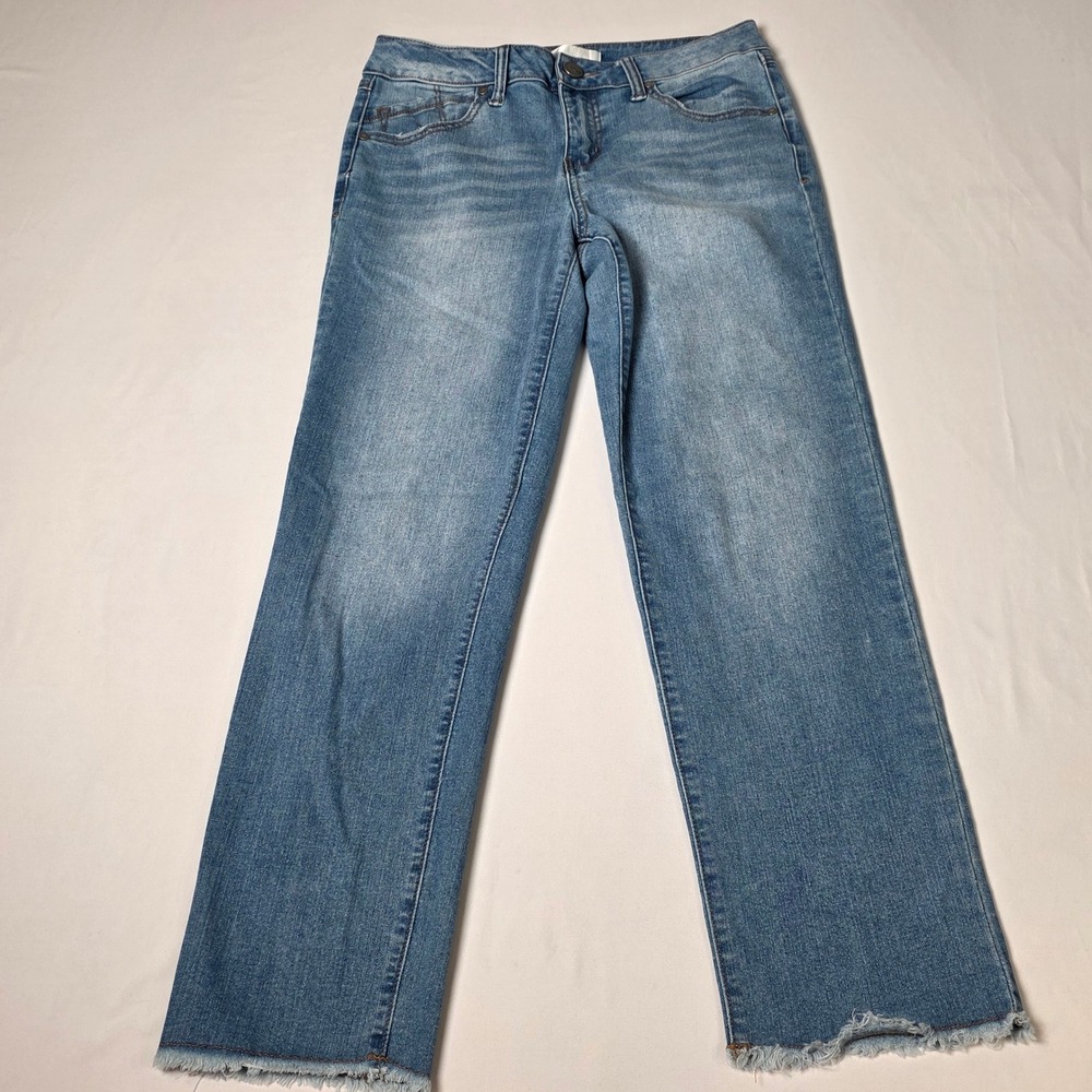 1822 Denim Straight Leg Jeans Womens Size 4 Light Blue Raw Hem Stretch